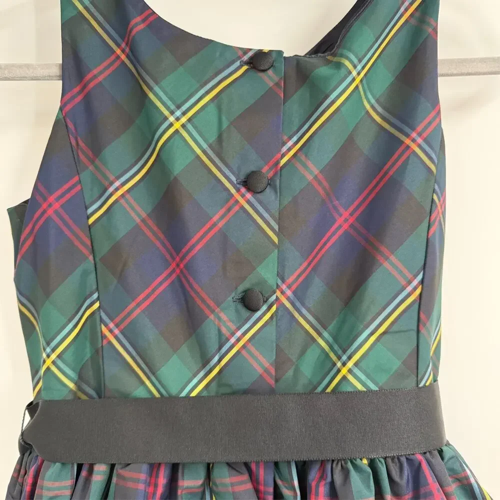 Ralph Lauren Girls Dress Sz 12 Green Tartan Plaid Fit Flare Bow Preppy Holiday